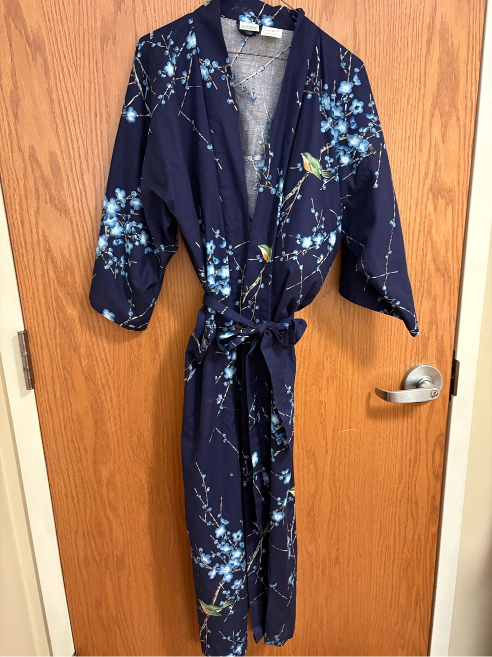 Smithsonian Japanese Yukata Kimono Robe Navy Floral Bird Print Size Small